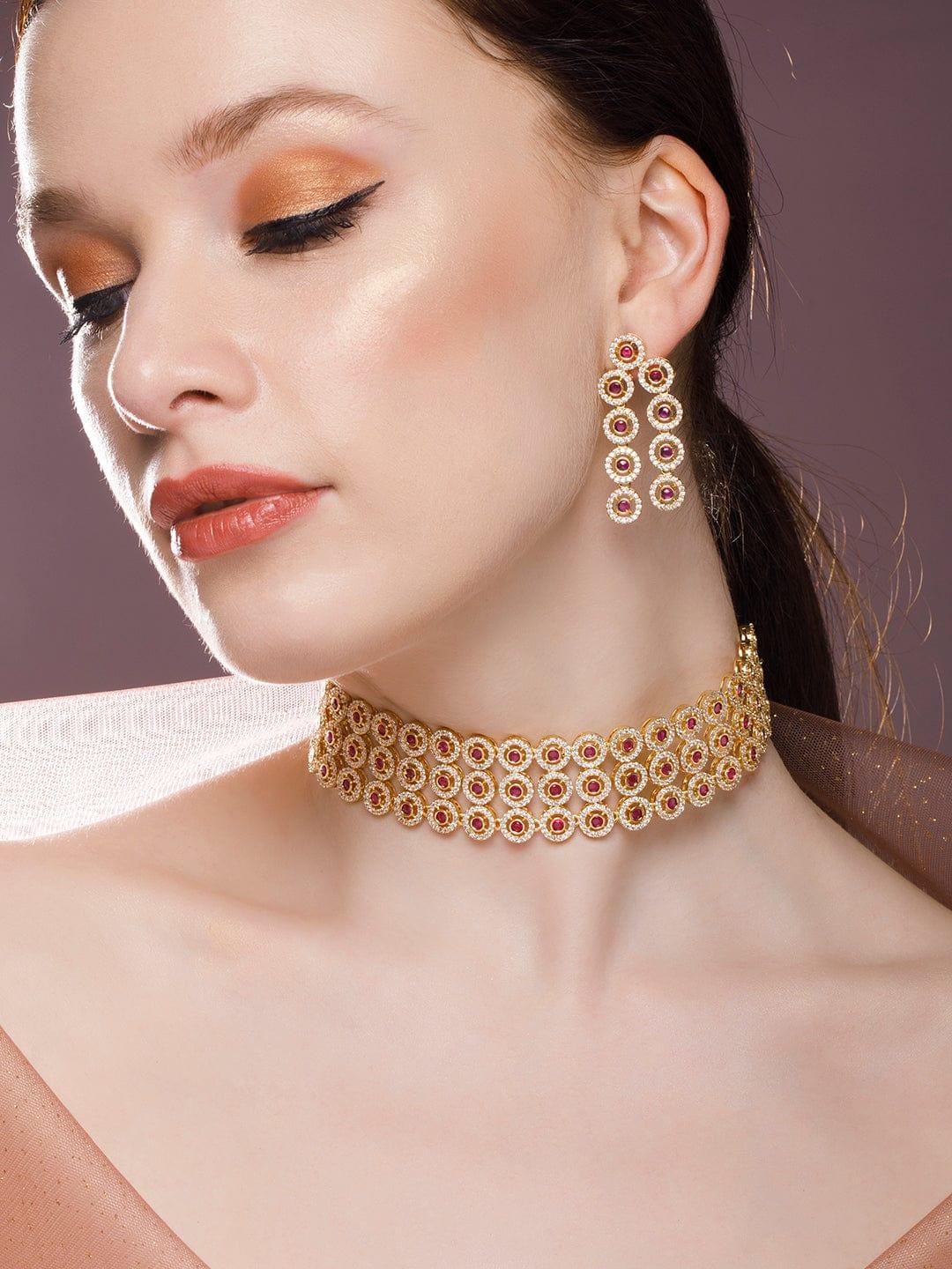 Rubans 22k Gold-Plated Ruby & AD Studded Choker Jewellery Set - Indiakreations