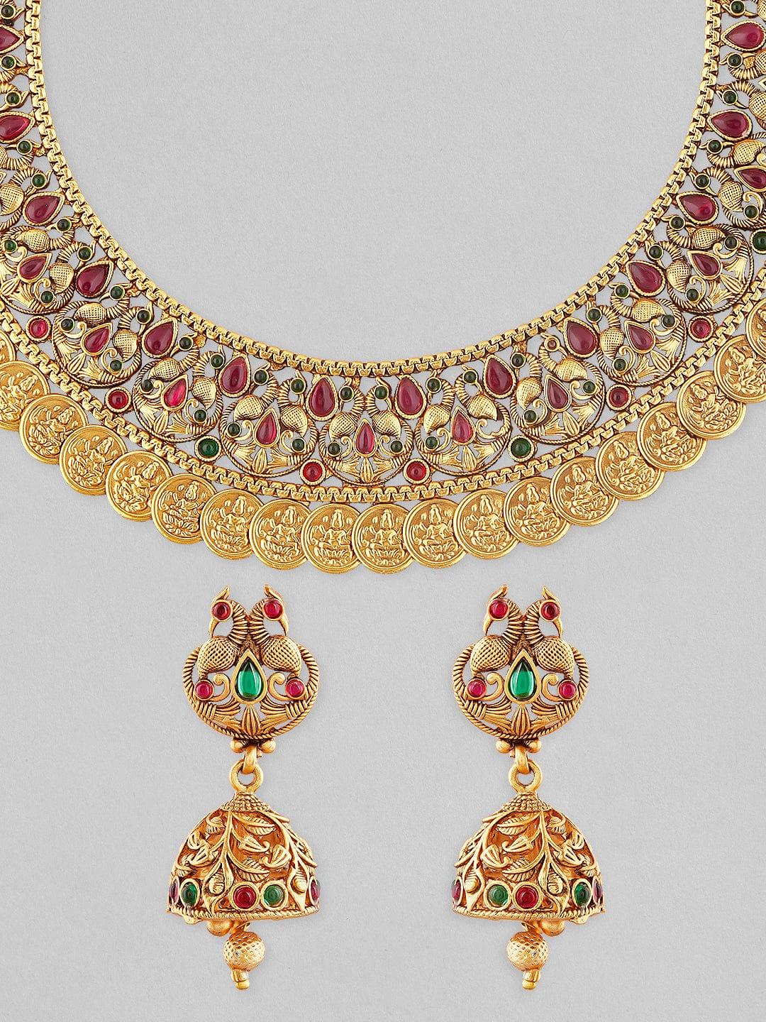 Rubans 22K Gold Plated Temple Necklace Set With Brown Beads. - Indiakreations