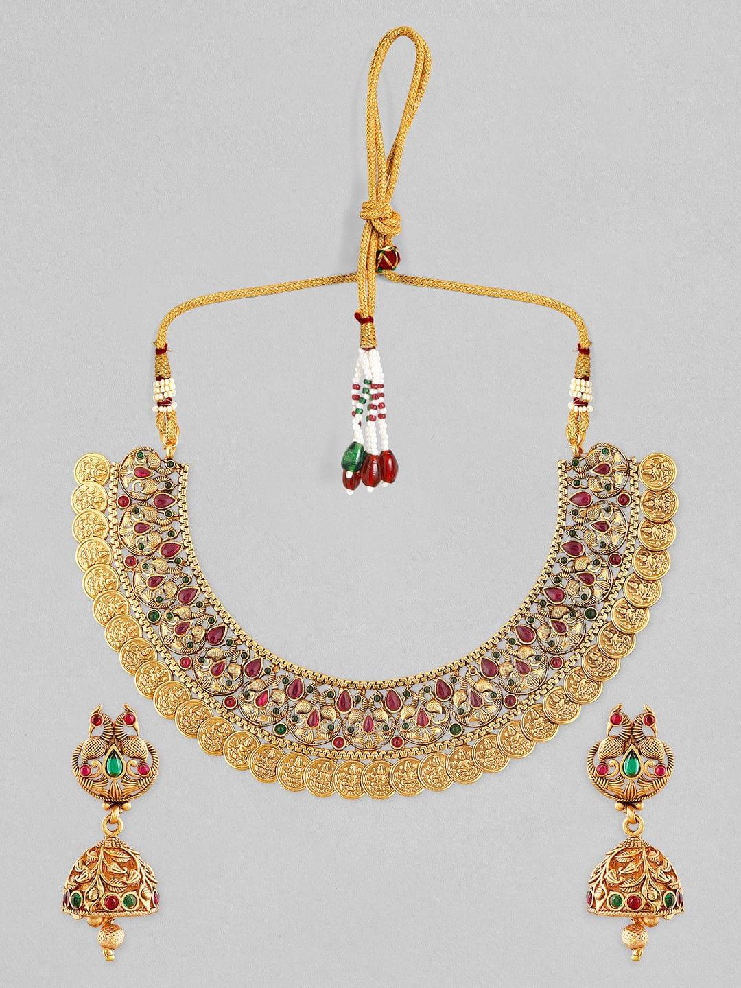 Rubans 22K Gold Plated Temple Necklace Set With Brown Beads. - Indiakreations