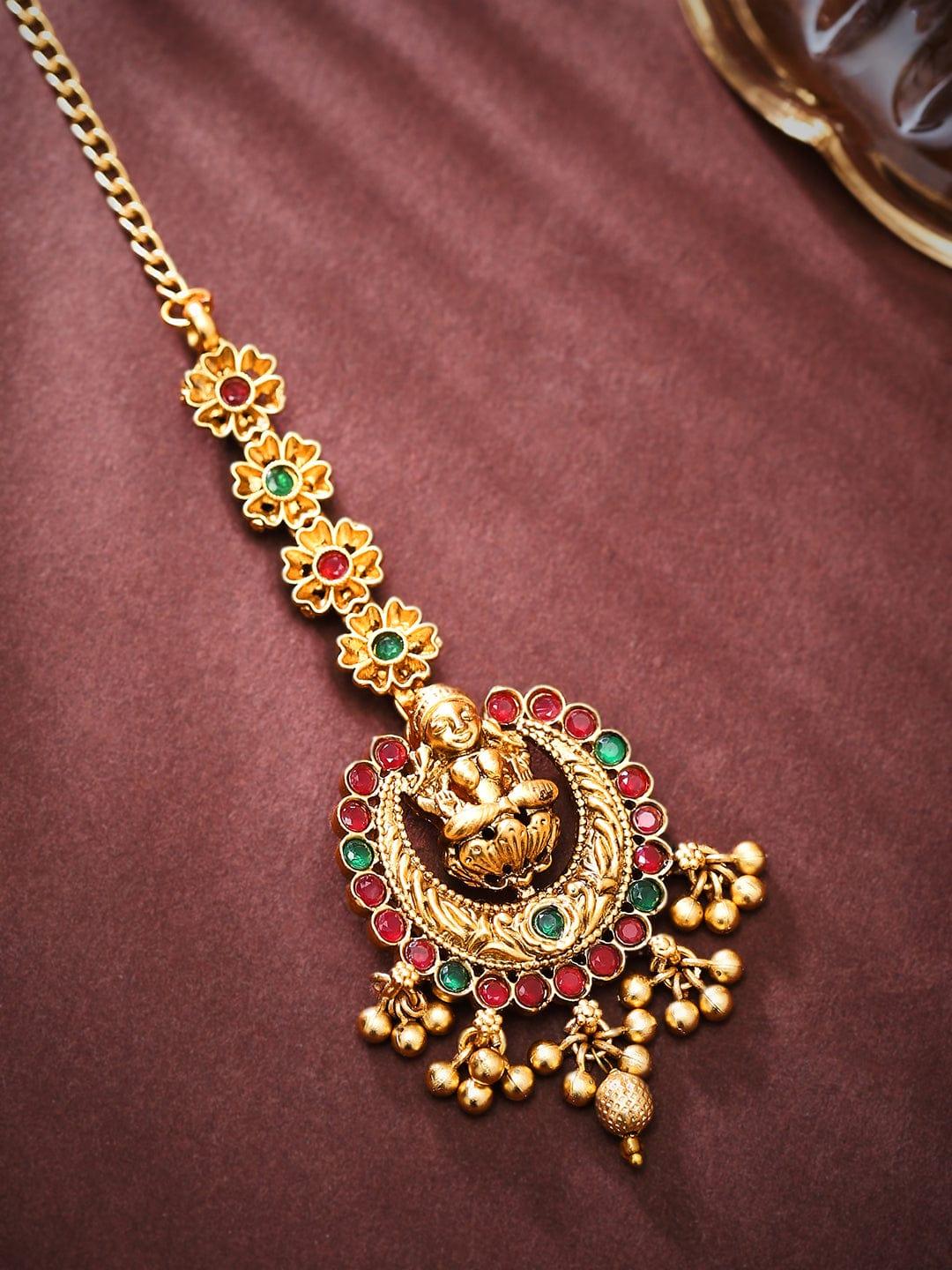 Rubans 22K Gold Plated With Green And Red Zircons Temple Mangtika. - Indiakreations