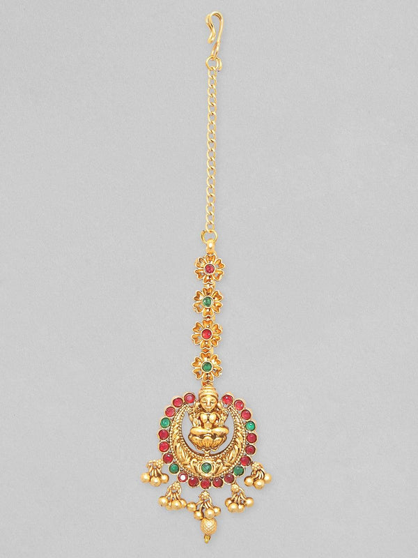 Rubans 22K Gold Plated With Green And Red Zircons Temple Mangtika. - Indiakreations