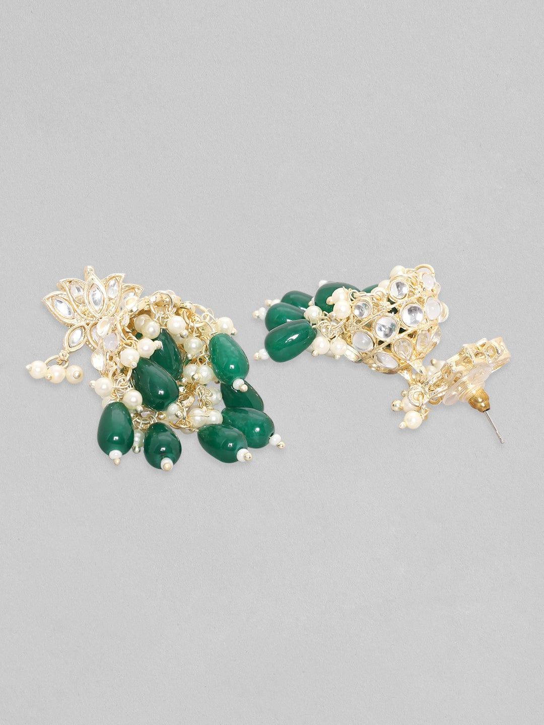 Rubans 22k Gold Plated With Kundan Stones & Green Beads Jhumkas Earrings. - Indiakreations
