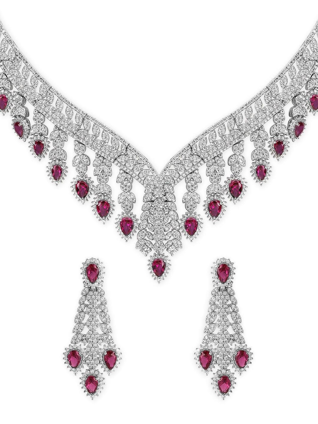 Rubans 22K Silver plated Ruby and AD studded Necklace Set. - Indiakreations