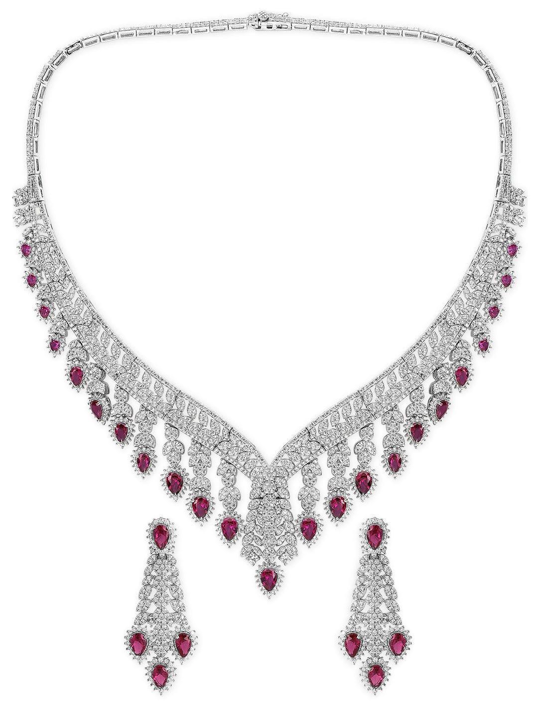 Rubans 22K Silver plated Ruby and AD studded Necklace Set. - Indiakreations