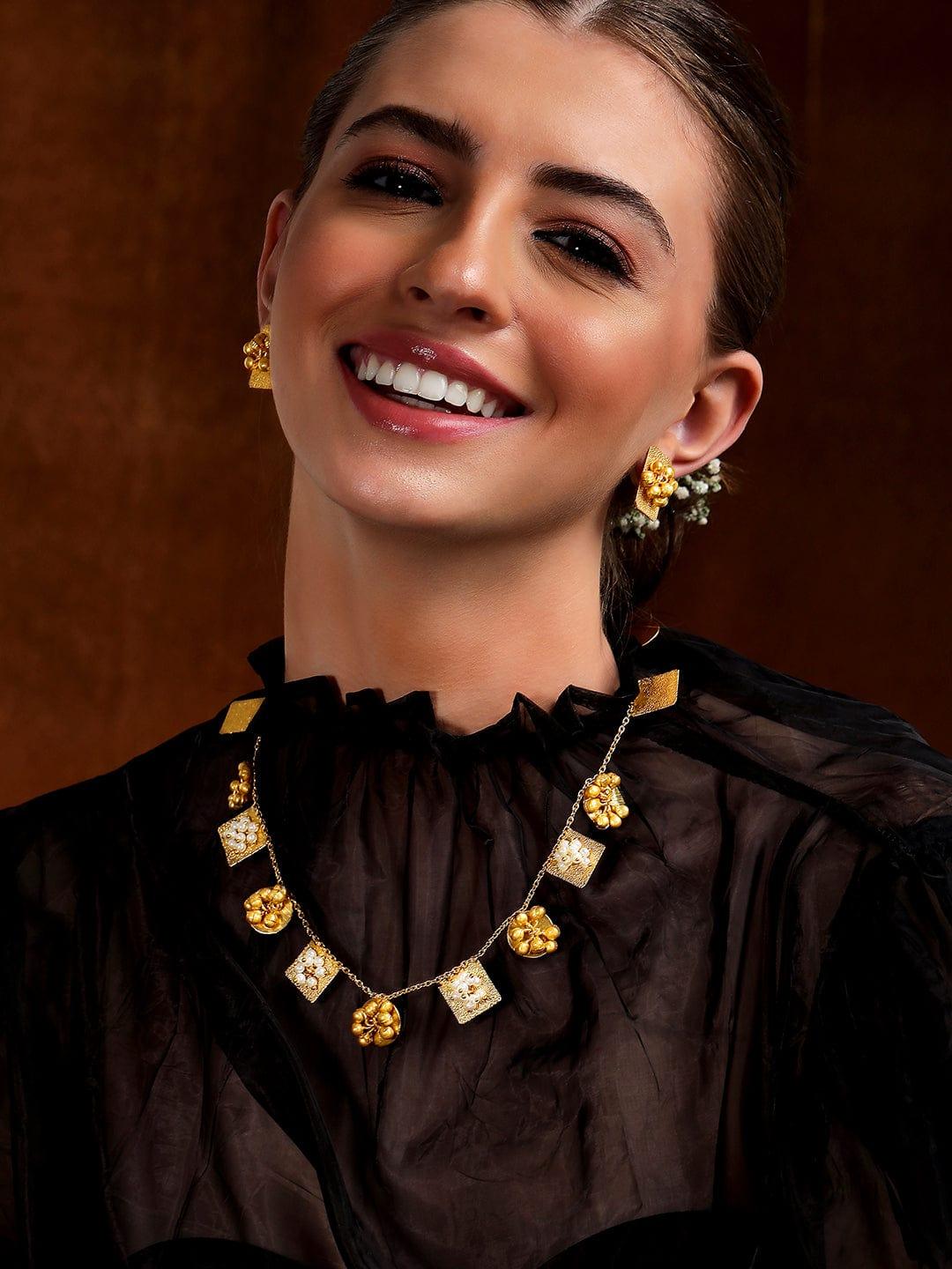 Rubans 24 K Gold Plated Handcrafted Necklace Set With Pearls And Golden Beads. - Indiakreations