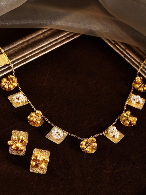 Rubans 24 K Gold Plated Handcrafted Necklace Set With Pearls And Golden Beads. - Indiakreations