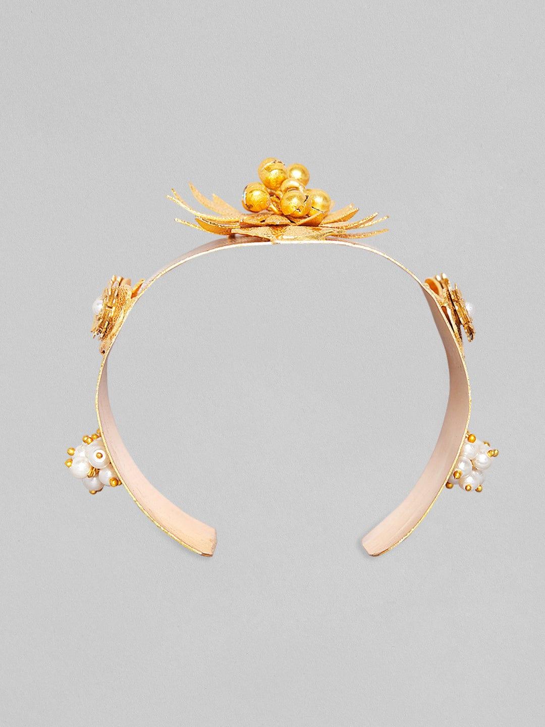 Rubans 24K gold plated Handcrafted Broad Handcuff With Floral Design And Golden Beads - Indiakreations