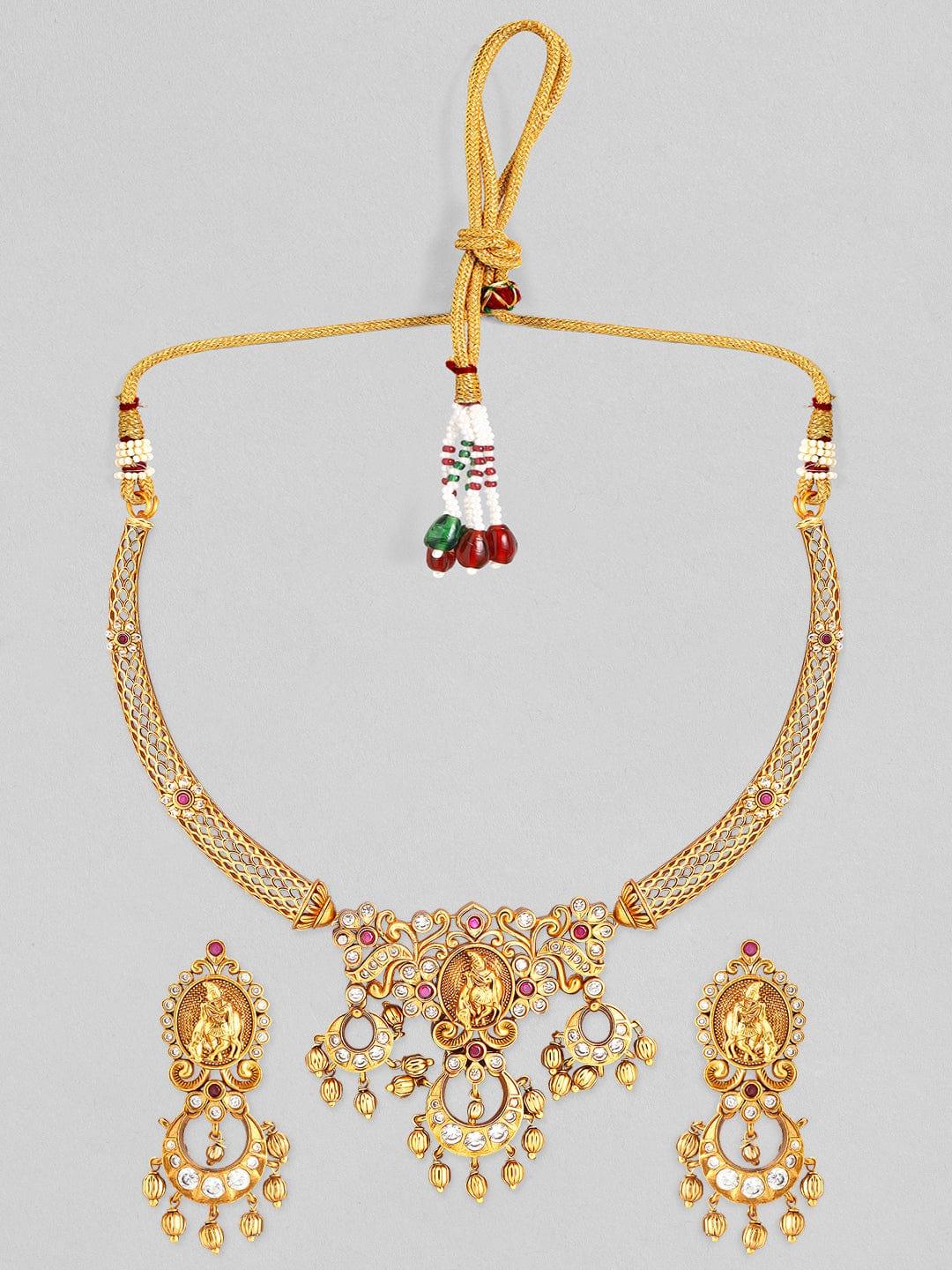 Rubans 24K Gold plated AD studded Temple necklace set. - Indiakreations
