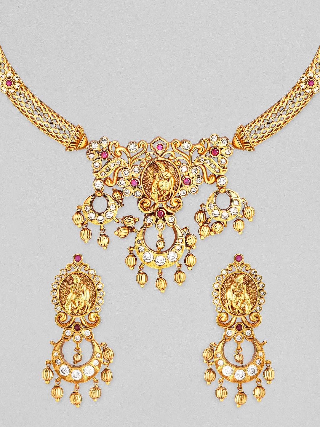 Rubans 24K Gold plated AD studded Temple necklace set. - Indiakreations