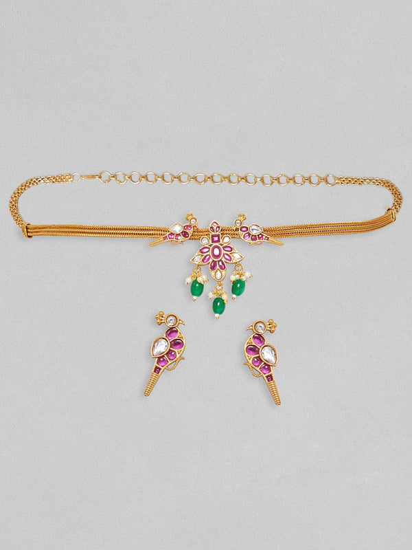 Rubans 24K Gold Plated Choker Set With Red Stones And Green Beads - Indiakreations