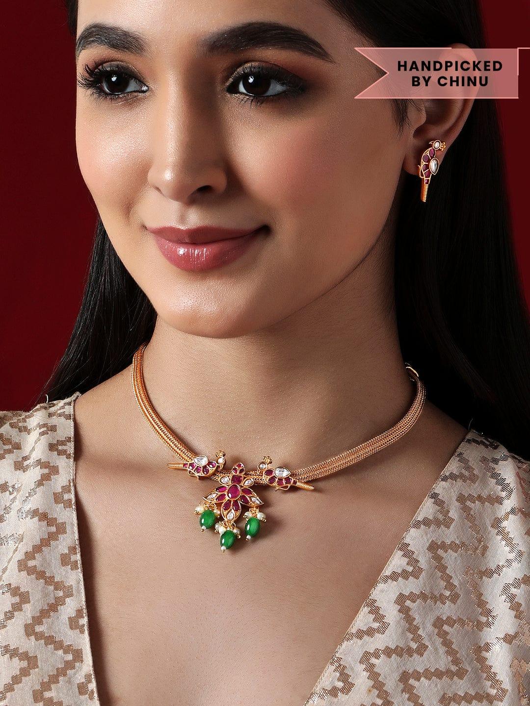 Rubans 24K Gold Plated Choker Set With Red Stones And Green Beads - Indiakreations