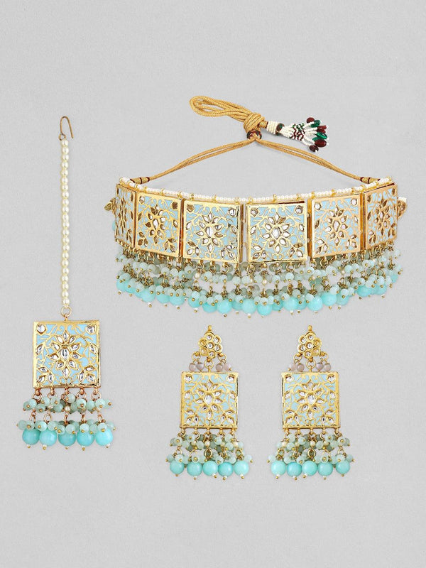 Rubans 24k Gold Plated Choker Set With Sky Blue Colour Enamel And Beads. - Indiakreations