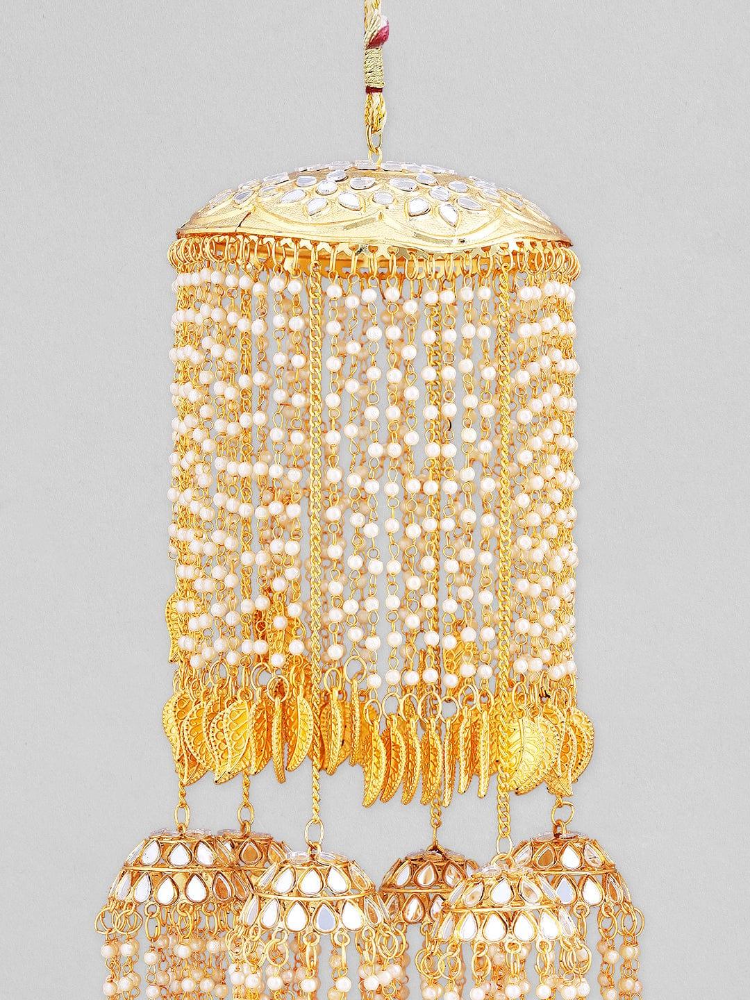 Rubans 24K Gold Plated Dangling Kaleera With Pearls, Mirror And Leaf Design. - Indiakreations