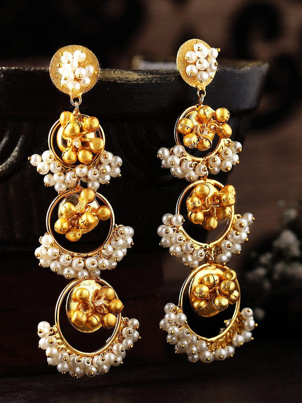 Rubans 24K Gold Plated Handcrafted Drop Earrings With Circular Design, Pearls And Beads - Indiakreations