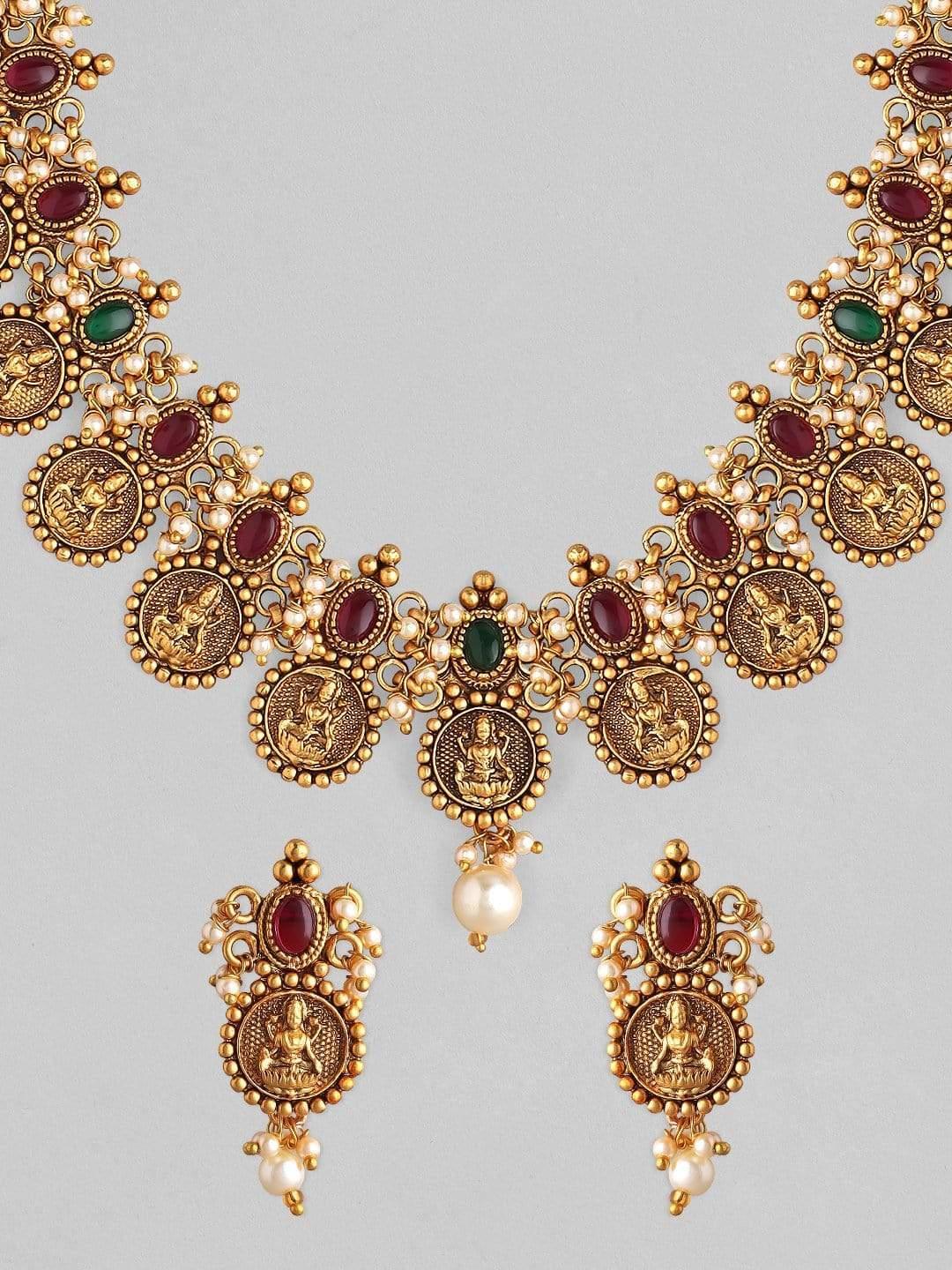 Rubans 24K Gold Plated Filigree Handcrafted Lakshmi Coin Temple Necklace Set - Indiakreations