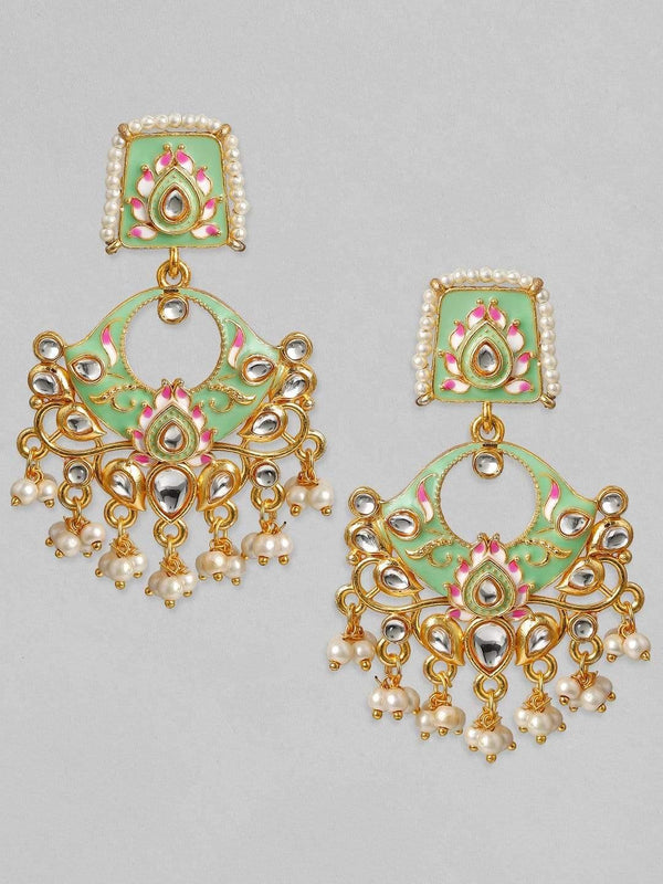 Rubans 24K Gold Plated Handcrafted Enamel & Kundan with Pearls Chand Bali Earrings - Indiakreations