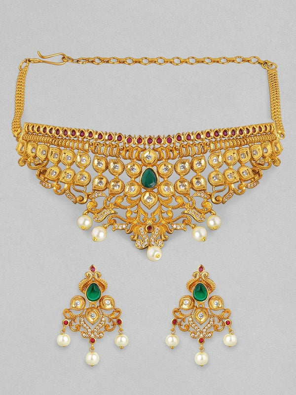 Rubans 24K Gold Plated Handcrafted Faux Emerald Traditional Choker Set
