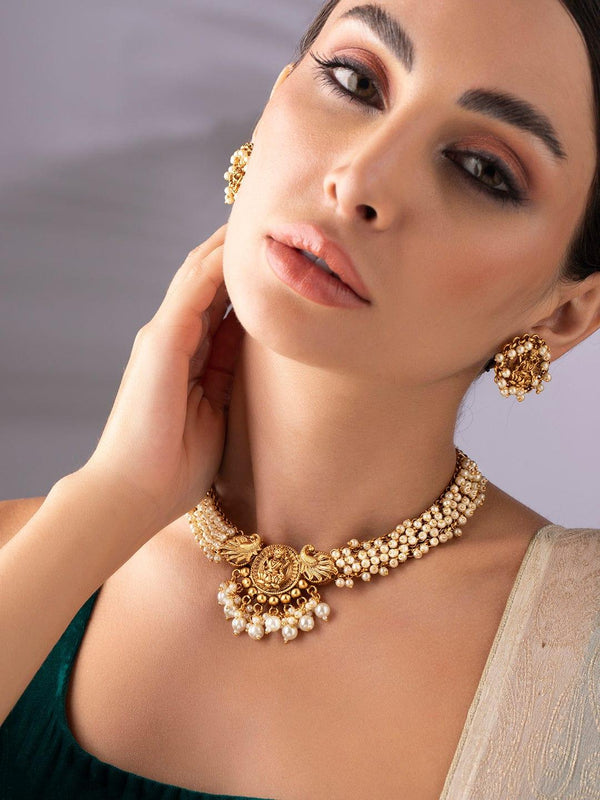 Rubans 24K Gold Plated Handcrafted Filigree & White Pearls Necklace Set - Indiakreations
