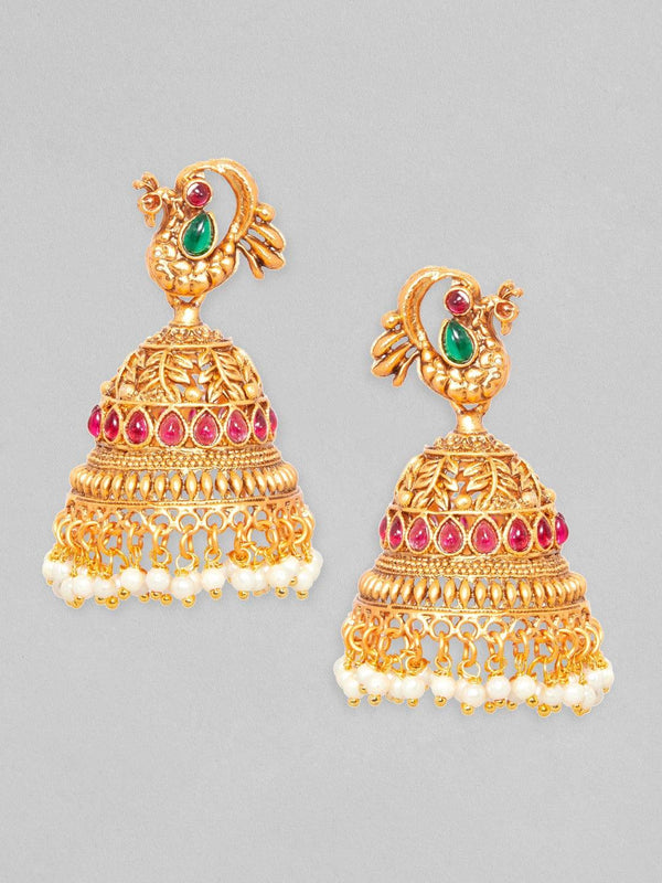 Rubans 24K Gold Plated Handcrafted Jhumka Earrings With Peacock Motif And Pearls - Indiakreations