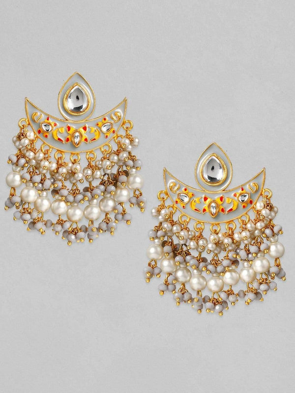Rubans 24K Gold Plated Handcrafted Kundan & Enamel with White Pearls Chand Bali Earrings - Indiakreations