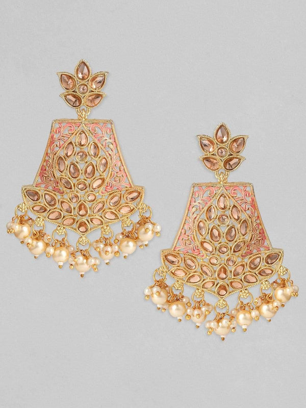 Rubans 24K Gold Plated Handcrafted Kundan & Pink Enamel with Filigree Drop Earrings - Indiakreations