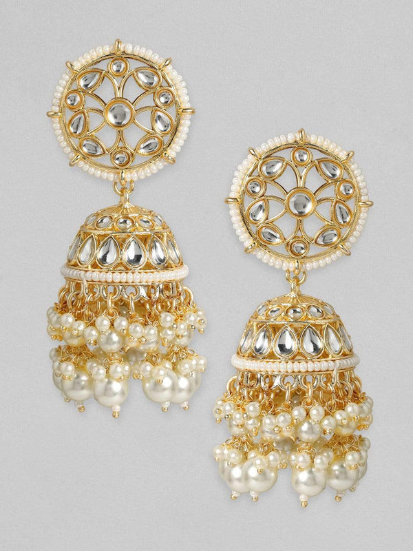 Rubans 24K Gold Plated Handcrafted Kundan with White perals Jhumka Earrings
