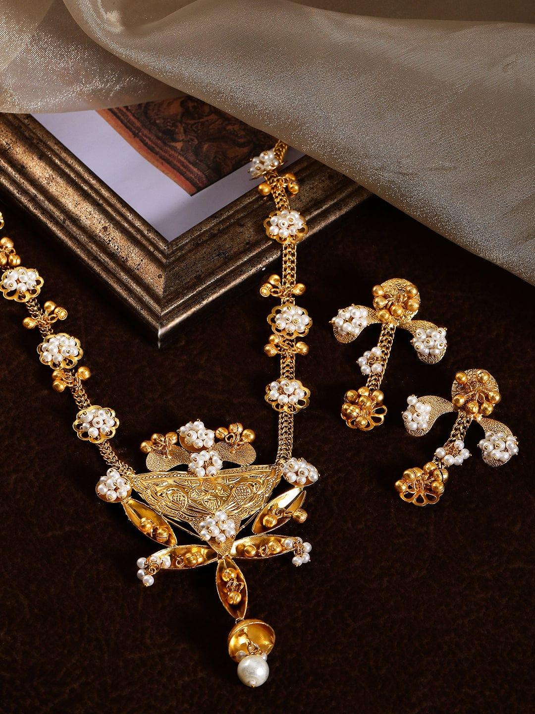 Rubans 24K Gold Plated Handcrafted Necklace Set With Pearls And Floral Design - Indiakreations