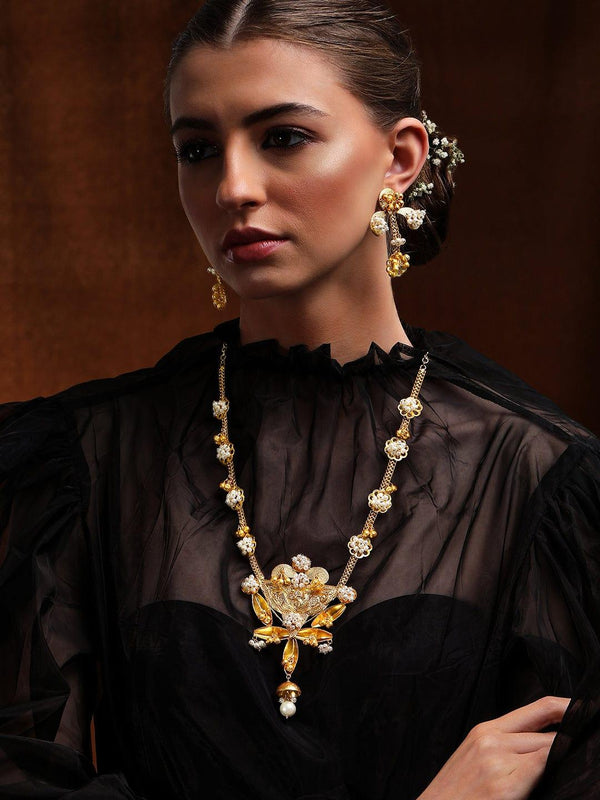 Rubans 24K Gold Plated Handcrafted Necklace Set With Pearls And Floral Design - Indiakreations