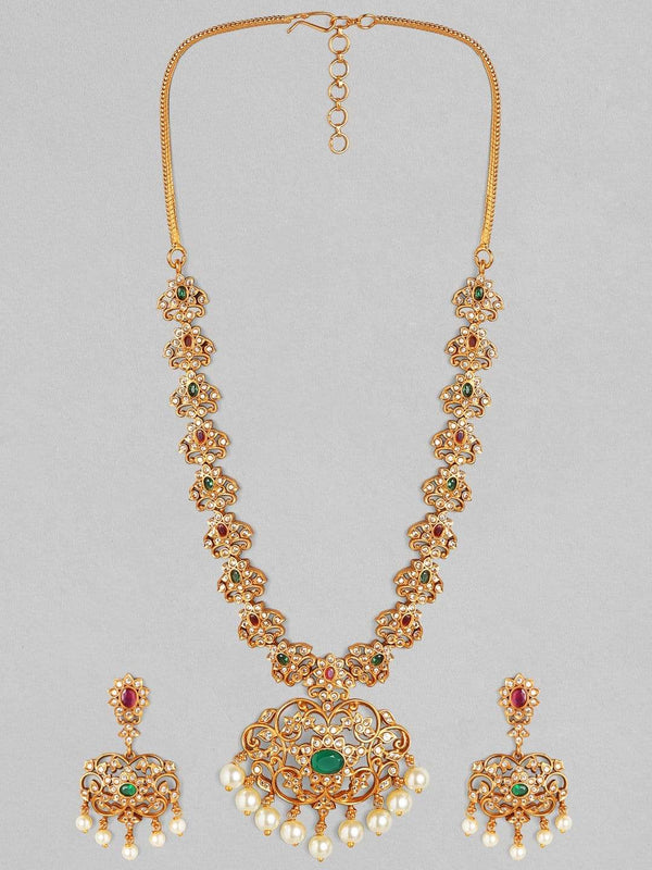 Rubans 24K Gold Plated Handcrafted Red & Green Stone Floral Filligree Traditional Necklace Set