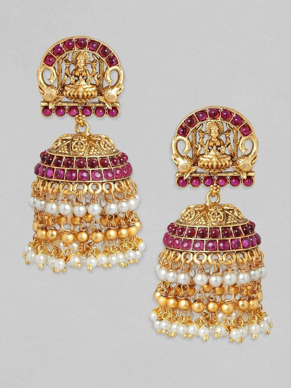 Rubans 24K Gold Plated Handcrafted Ruby Stone & Filigree Jhumka Earrings - Indiakreations