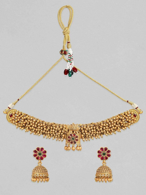 Rubans 24K Gold Plated Handcrafted Ruby Stone & Gold Ghungroo Temple Choker Set - Indiakreations