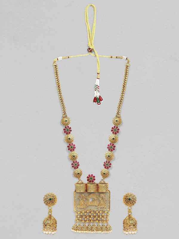 Rubans 24K Gold Plated Handcrafted Ruby Stone Temple Necklace Set - Indiakreations