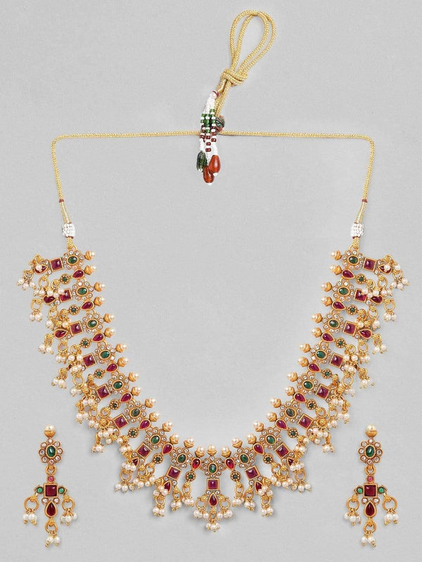 Rubans 24K Gold Plated Handcrafted Ruby Stone Temple Necklace Set - Indiakreations
