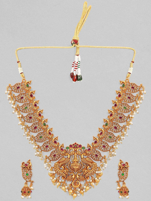 Rubans 24K Gold Plated Handcrafted Ruby Stone with Peacock Shape Devine Lakshmi Necklace Set