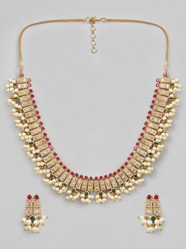 Rubans 24K Gold Plated Handcrafted Ruby Stone with Pearls Necklace Set - Indiakreations