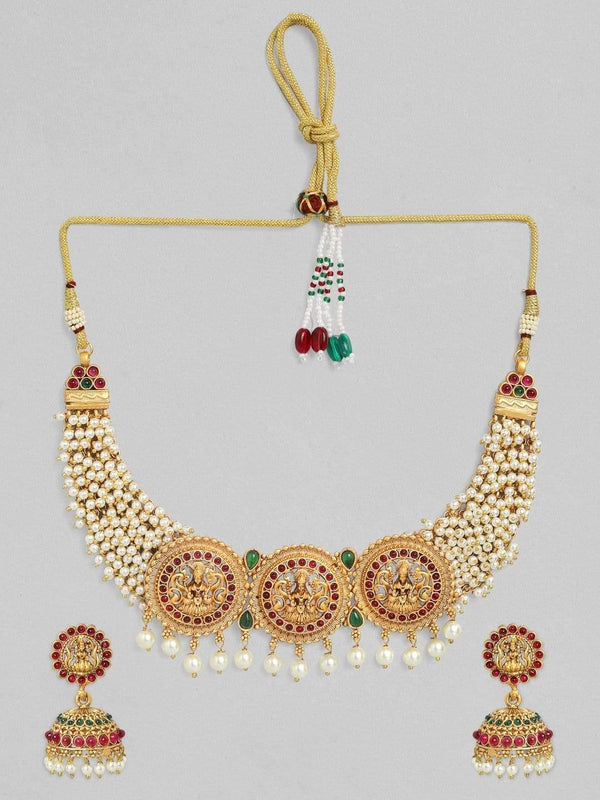 Rubans 24K Gold Plated Handcrafted Ruby Stone with White Pearls Necklace Set - Indiakreations