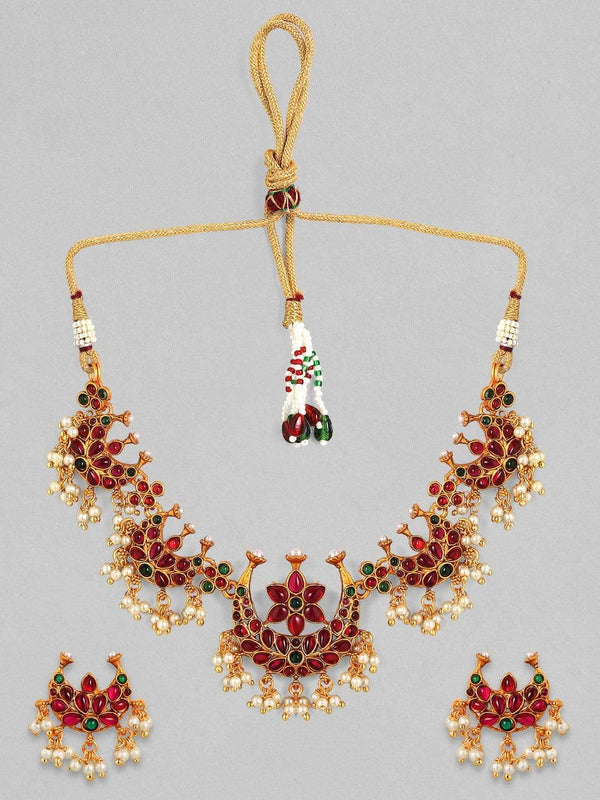 Rubans 24K Gold Plated Handcrafted Ruby Stone with white pearls Necklace Set