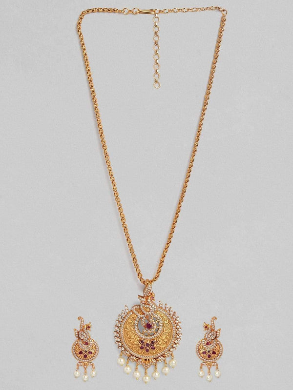 Rubans 24K Gold Plated Handcrafted Ruby Stone with White Pearls Pendant Set - Indiakreations