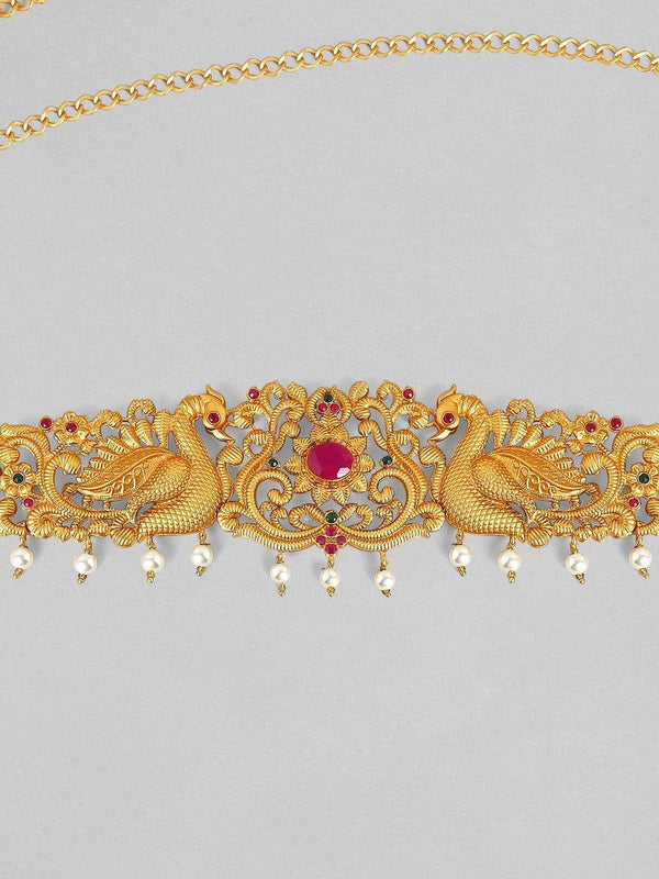 Rubans 24K Gold Plated Handcrafted Ruby with Peacock Tradional Kamarbandh