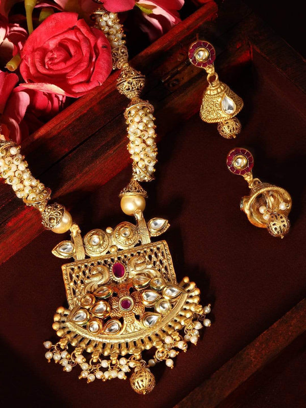 Rubans 24K Gold Plated Handcrafted White Kundan & Antique Gold Filigree Beads Necklace Set