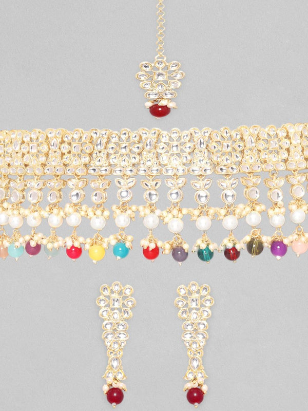 Rubans 24K Gold Plated Kundan Stone Studded Multicolour Pearl & Beads Necklace Jewellery Set - Indiakreations