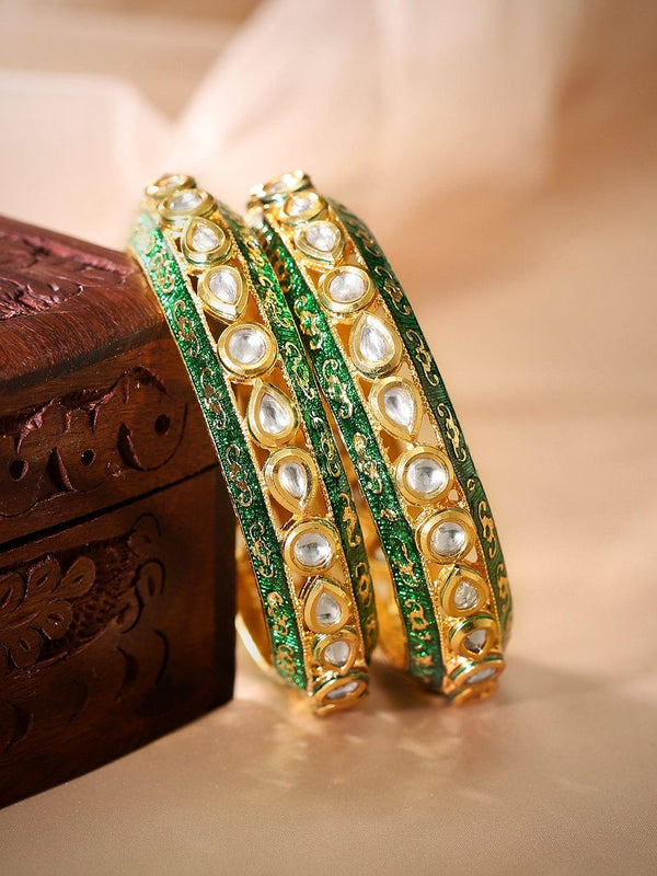 Rubans 24K Gold Plated Kundan Studded Green Enamel Bangles - Indiakreations