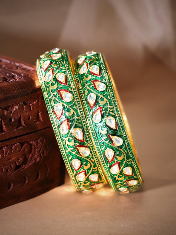 Rubans 24K Gold Plated Kundan Studded Green & Red Enamel Bangles - Indiakreations