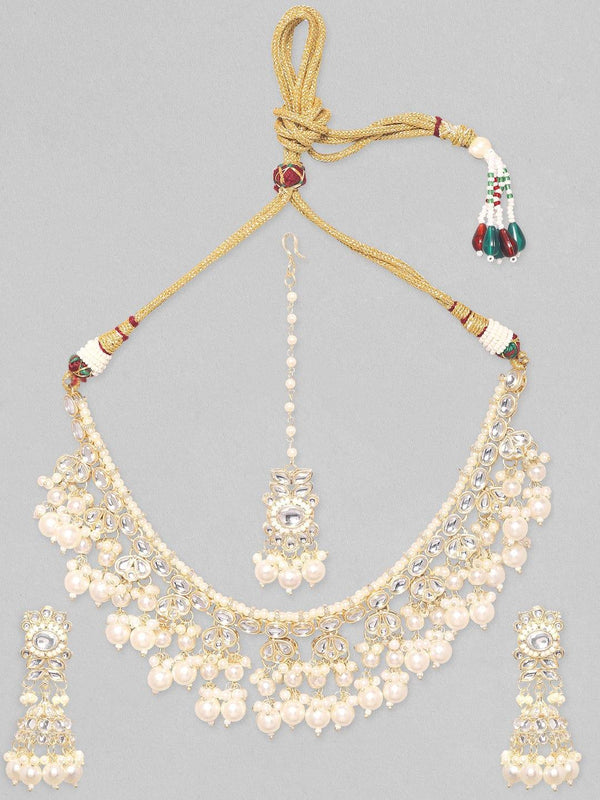 Rubans 24K Gold Plated Kundan Studded Pearl Beaded Jumkhas & Necklace Set - Indiakreations