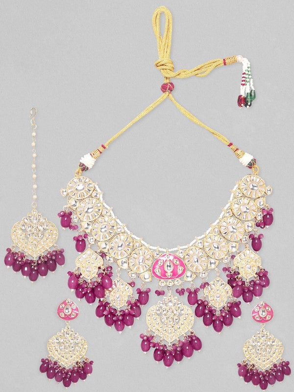 Rubans 24K Gold Plated Kundan Studded Pearl & Wine Shade Beaded Necklace, Earring & Maangtikka Set - Indiakreations