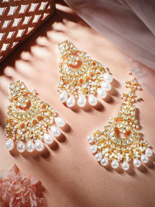 Rubans 24K Gold Plated Kundan Studded Pearls Maangtikka & Earring Set - Indiakreations