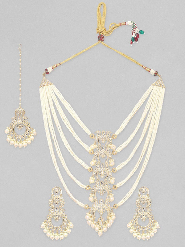 Rubans 24k Gold plated Kundan Studded Pearls Necklace,Earring & Maangtikka Set - Indiakreations