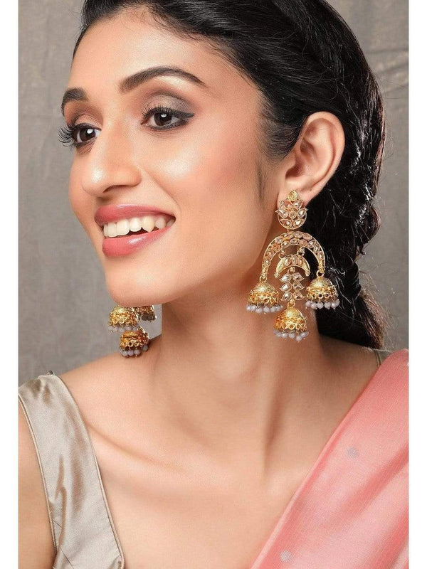 Rubans 24K Gold Plated Kundan with Grey Beads Handcrafted Multi Jhumka Earrings - Indiakreations