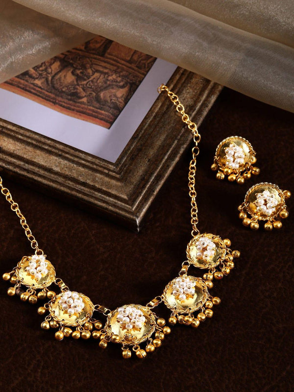 Rubans 24K Gold Plated Handcrafted Necklace Set With Circular Design, Pearls & Golden Beads. - Indiakreations