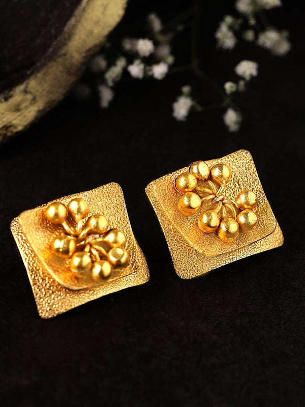 Rubans 24K Gold Plated Handcrafted Stud Earrings With Square Design, Pearls And Beads - Indiakreations